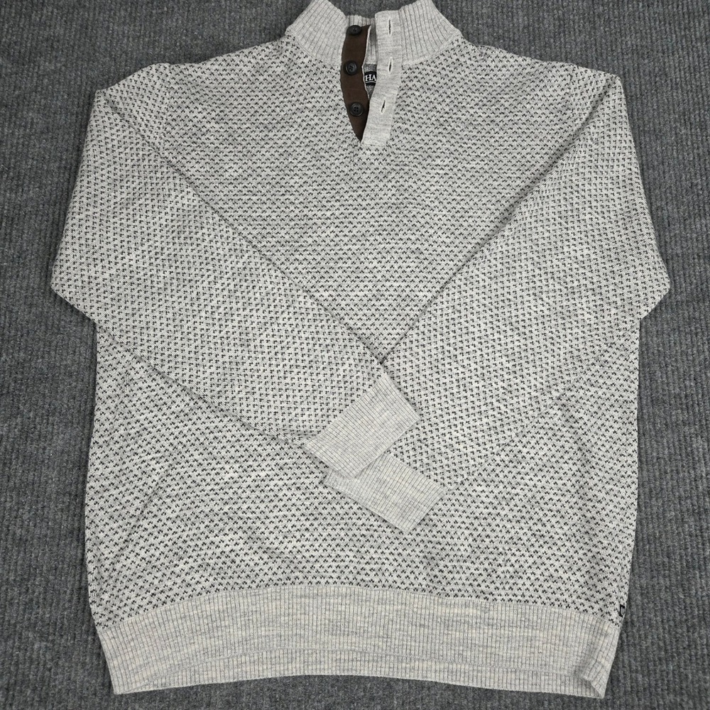Chaps Mens XXL Grey Black Patterned 100% Cotton Mock Neck Button Sweater